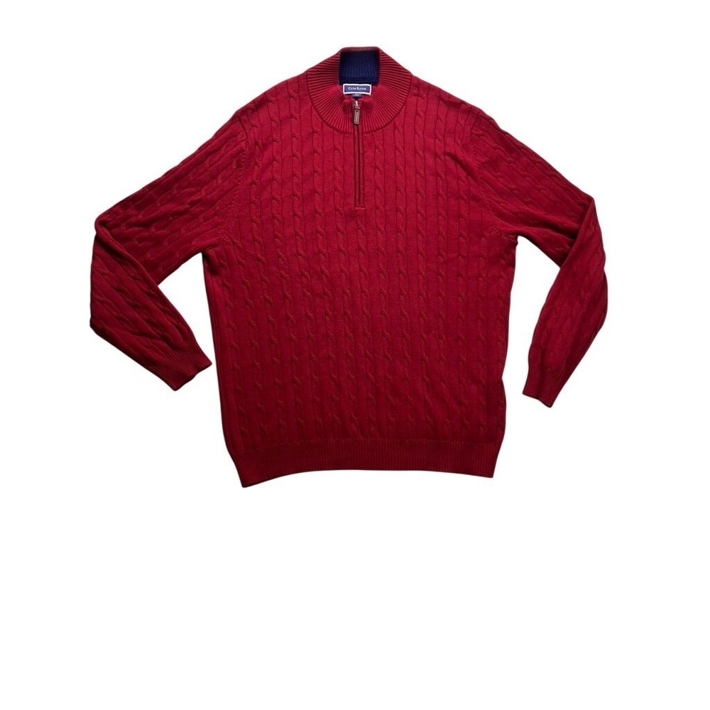 Club Room Sweater Mens XXL Red  Cable Knit‎ Quarter Zip Cotton Pullover